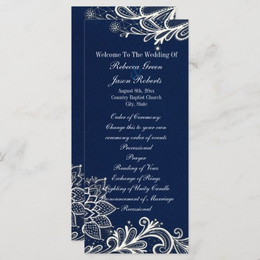 Moderne witte kant marine blauwe bruiloft programm programmakaart (Voorkant / Achterkant)
