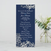 Moderne witte kant marine blauwe bruiloft programm programmakaart (Staand voorkant)