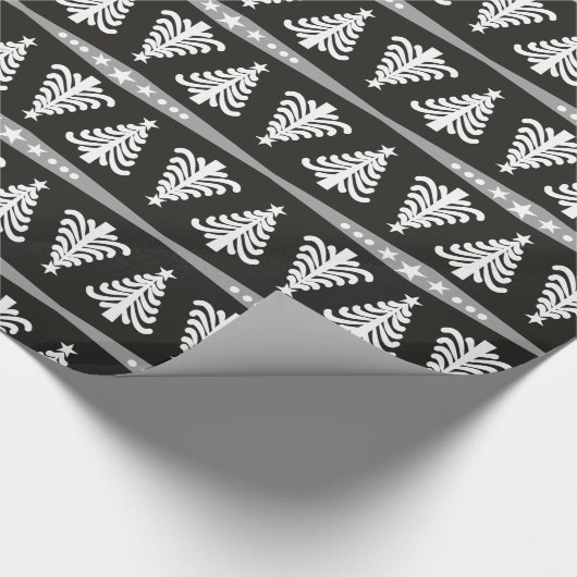 Moderne witte kerstbomen op zwart cadeaupapier (Hoek)