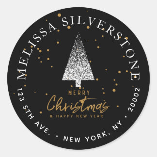 Moderne witte kerstboomadreslabel ronde sticker