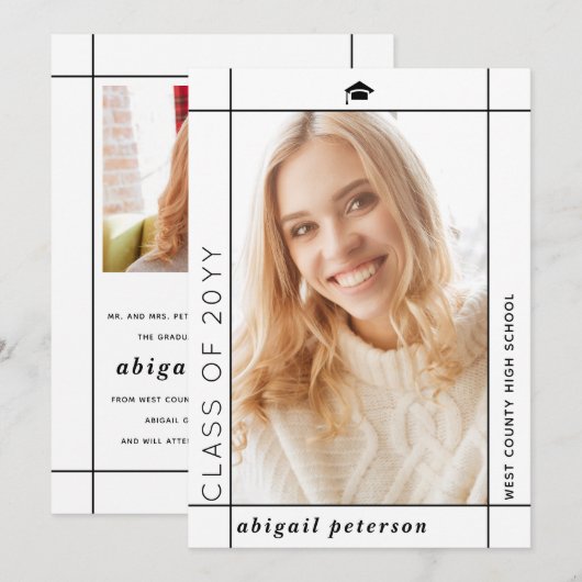 Moderne witte Klasse van 2025 afstuderen foto Aankondiging (Voorkant / Achterkant)