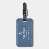 Moderne witte letters op blauwe denimprint bagagelabel (Voorkant verticaal)