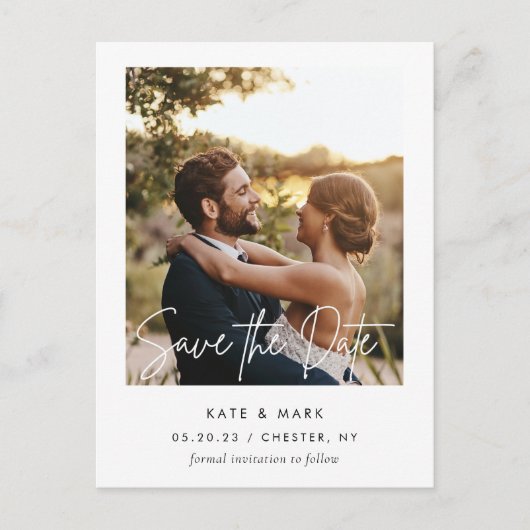 Moderne Witte Lijst Fotobruiloft Bewaar de datum Briefkaart (Voorkant)