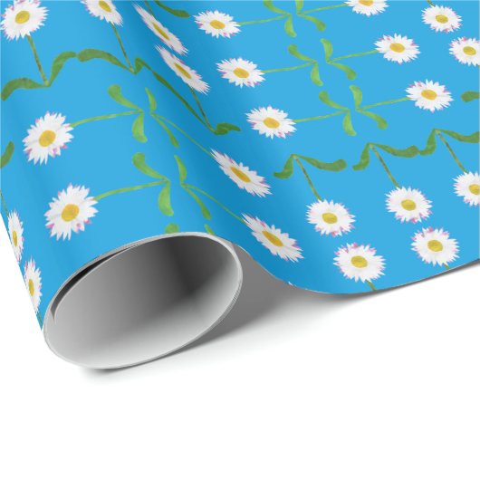 Moderne witte madeliefjes op Blauwgroen achtergron Cadeaupapier (Rol Hoek)