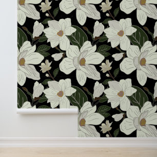 Moderne Witte Magnolia Bloemen op Zwart Behang