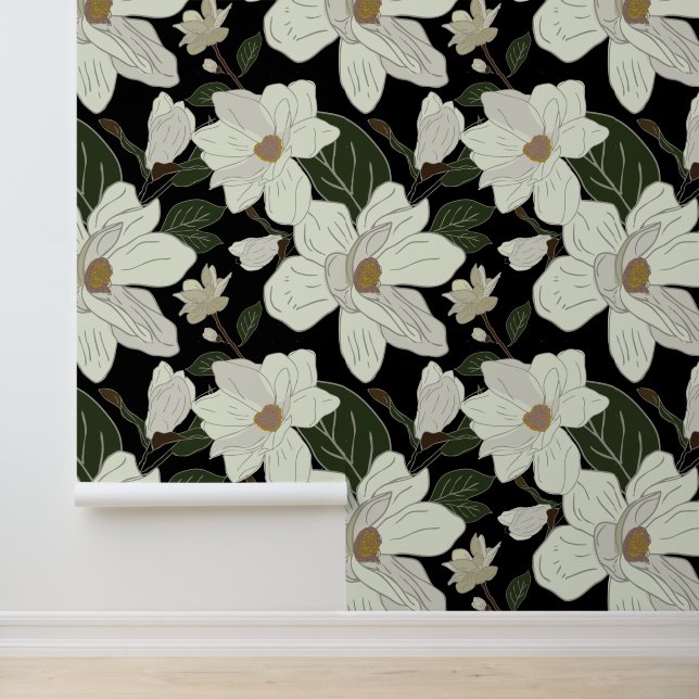 Moderne Witte Magnolia Bloemen op Zwart Behang (Applicatie)