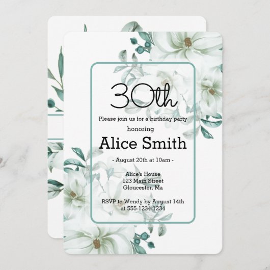 Moderne Witte Magnolia Groen 30e Verjaardag Invi Kaart (Voorkant / Achterkant)