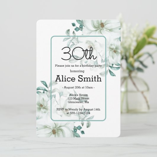 Moderne Witte Magnolia Groen 30e Verjaardag Invi Kaart (Staand voorkant)