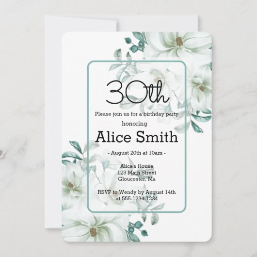Moderne Witte Magnolia Groen 30e Verjaardag Invi Kaart (Voorkant)