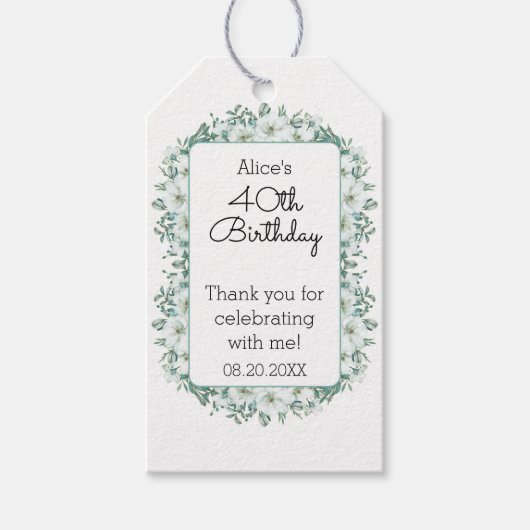 Moderne witte Magnolia groen 40e verjaardag Cadeaulabel (Voorkant)