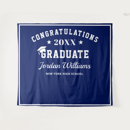 Moderne witte marineblauwe afstudeerfoto-achtergro wandkleed (Voorkant (horizontaal))