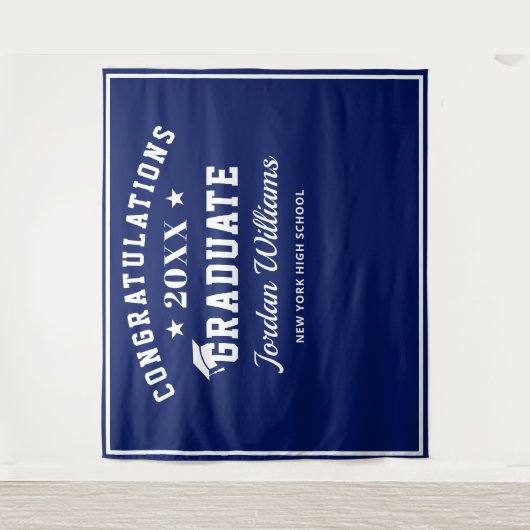 Moderne witte marineblauwe afstudeerfoto-achtergro wandkleed (Voorkant)