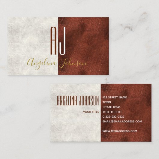 Moderne witte marmer en koperen Initialen Monogram Visitekaartje (Voorkant / Achterkant)