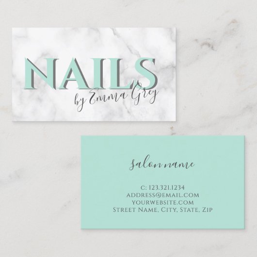 Moderne witte marmer- en mint-groene typografiekla visitekaartje (Voorkant / Achterkant)