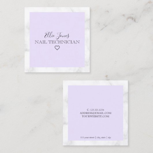 Moderne witte marmer- en paarse nageltechnicus vierkante visitekaartje (Voorkant / Achterkant)