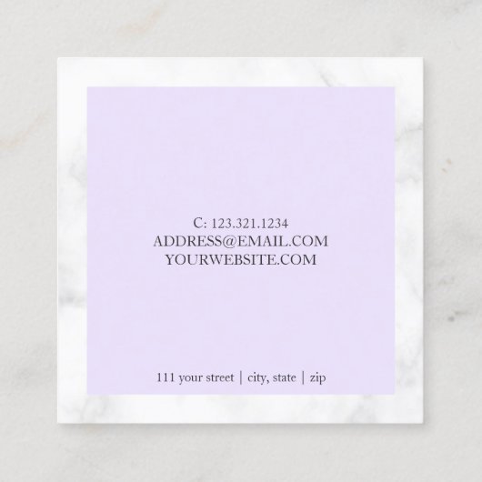 Moderne witte marmer- en paarse nageltechnicus vierkante visitekaartje (Achterkant)