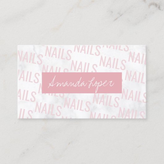 Moderne  witte marmer- en roze nagels visitekaartje (Voorkant)