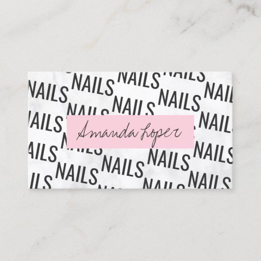 Moderne  witte marmer- en roze nagels visitekaartje (Voorkant)