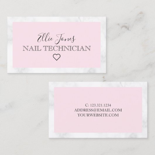 Moderne witte marmer- en roze nageltechnicus visitekaartje (Voorkant / Achterkant)