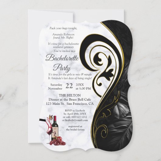 Moderne witte marmer en zwarte bachelorette kaart (Voorkant)