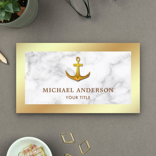 Moderne witte marmer Faux Gold Foil Nautical Ancho Visitekaartje