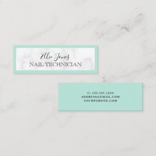 Moderne witte marmer & munt groene nagel technicus mini visitekaartje (Voorkant / Achterkant)
