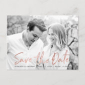 Moderne witte marmer Roos Gold Script Save the Dat Aankondigingskaart (Voorkant)