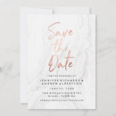 Moderne witte marmer Roos Gold Script Save the Dat Save The Date (Voorkant)