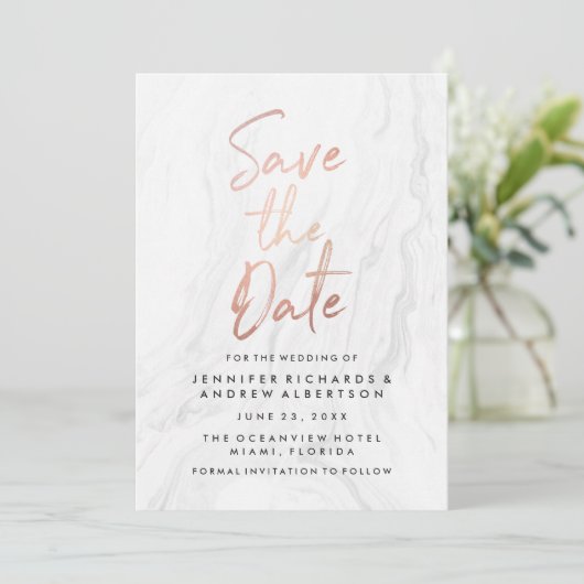 Moderne witte marmer Roos Gold Script Save the Dat Save The Date (Staand voorkant)