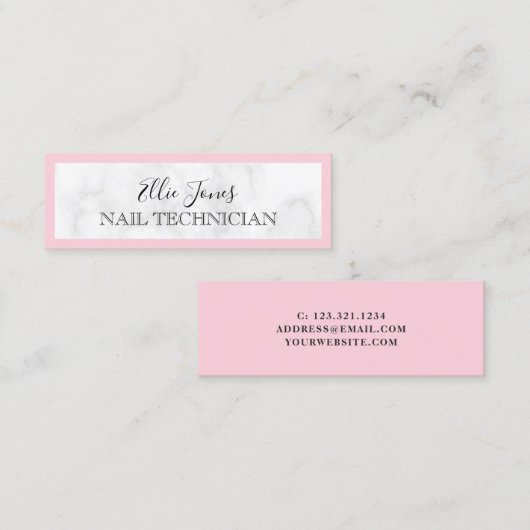 Moderne witte marmer & roze spijkertechnicus mini visitekaartje (Voorkant / Achterkant)