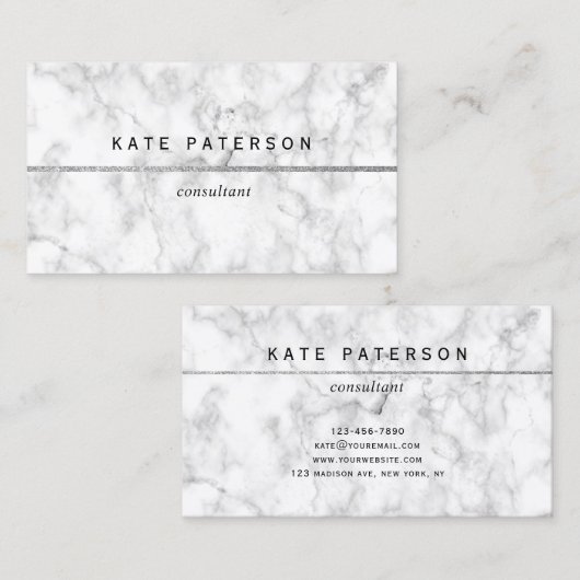 Moderne witte marmer Silver Glitter Stripe Visitekaartje (Voorkant / Achterkant)