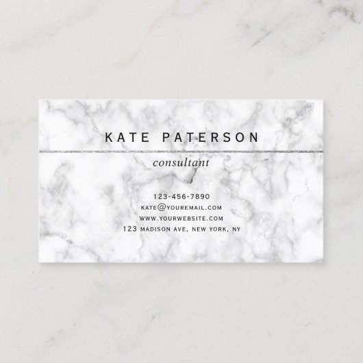 Moderne witte marmer Silver Glitter Stripe Visitekaartje (Achterkant)