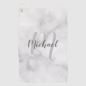 Moderne witte marmer, speciaal monogram & naam golfhanddoek (Voorkant)