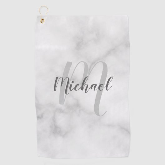 Moderne witte marmer, speciaal monogram & naam golfhanddoek (Voorkant)