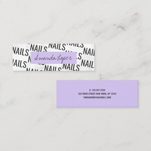 Moderne witte marmer zwarte paarse nagels mini mini visitekaartje (Voorkant / Achterkant)