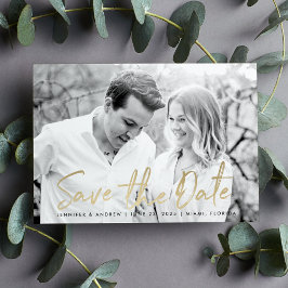 Moderne witte marmeren gouden script foto save the date