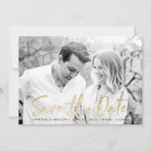 Moderne witte marmeren gouden script foto save the date (Voorkant)