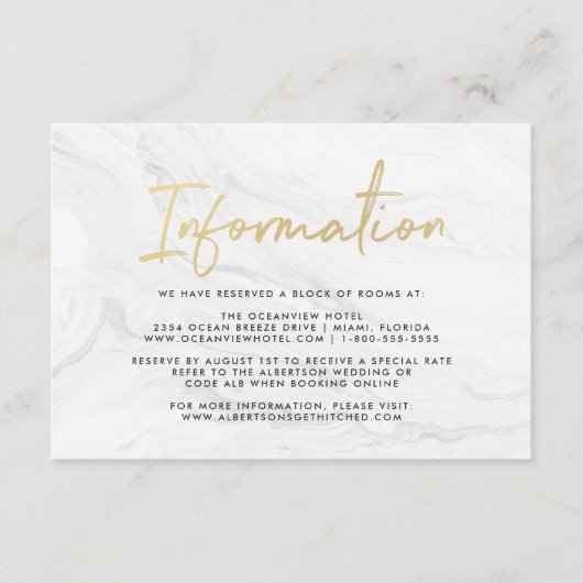 Moderne witte marmeren gouden script | Informatiek Informatiekaartje (Voorkant)