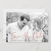 Moderne witte marmeren roze gouden script foto save the date (Voorkant)