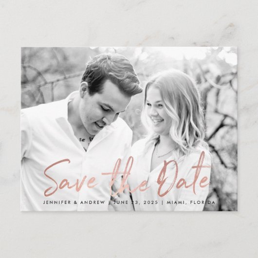 Moderne witte marmeren roze gouden script save the aankondigingskaart (Voorkant)