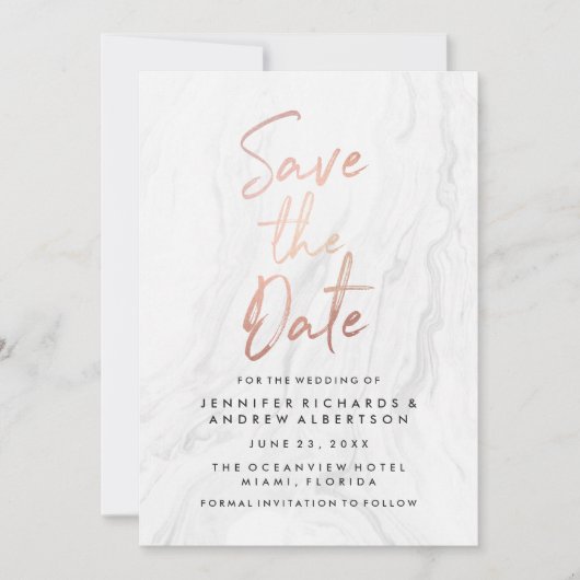 Moderne witte marmeren roze gouden script save the date (Voorkant)