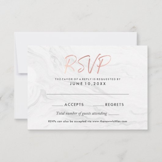 Moderne witte marmeren roze gouden script trouw-RS Kaart (Voorkant)