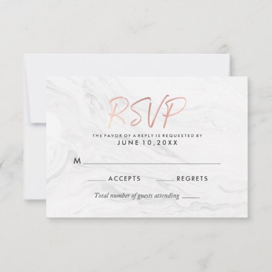 Moderne witte marmeren roze gouden script trouw-RS RSVP Kaartje (Voorkant)