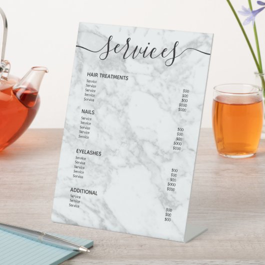 Moderne witte marmeren salon prijstlijst serviceme reclamebord met voetstuk (Insitu)