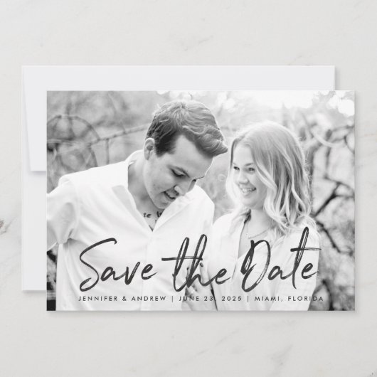 Moderne witte marmeren script foto save the date (Voorkant)