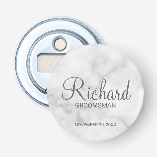 Moderne witte marmeren script Persoonlijke Bruidsj Button Flesopener (Voorkant)