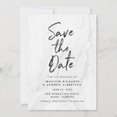 Moderne witte marmeren script save the date (Voorkant)
