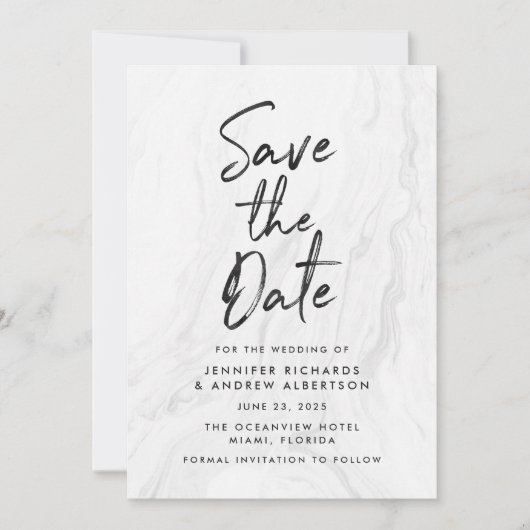 Moderne witte marmeren script save the date (Voorkant)