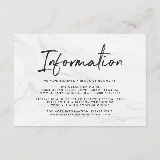 Moderne witte marmeren script | Trouwinformatie Informatiekaartje (Voorkant)