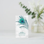 Moderne witte marmeren teal pauwenveer visitekaartje (Staand voorkant)